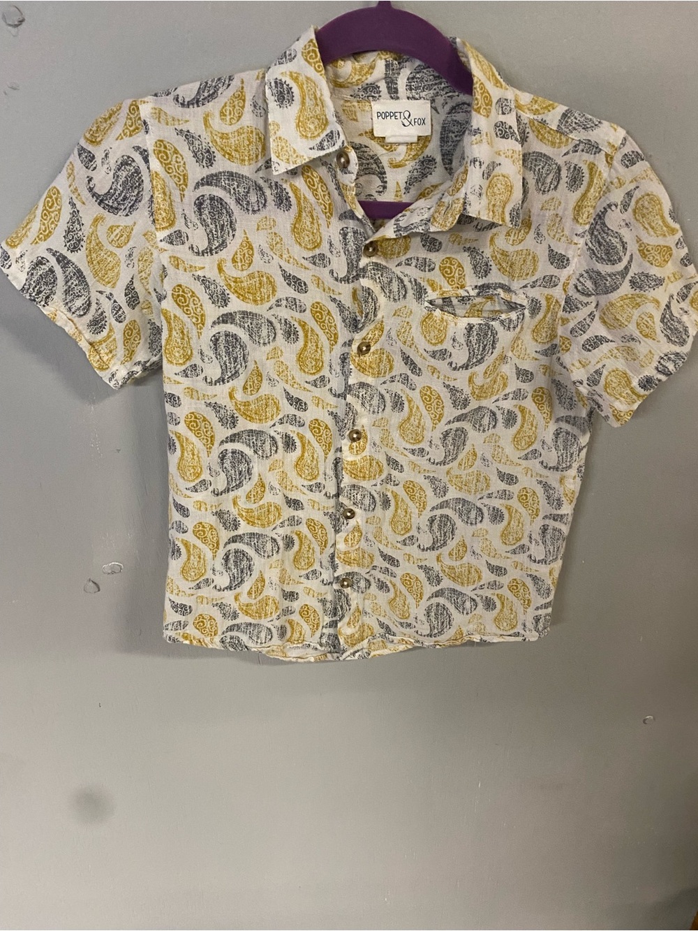 Poppet Fox size 12 boys Yellow and Gray Paisley Short-Sleeve Button-Up Shirt